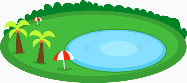 绿色手绘游泳池和草原