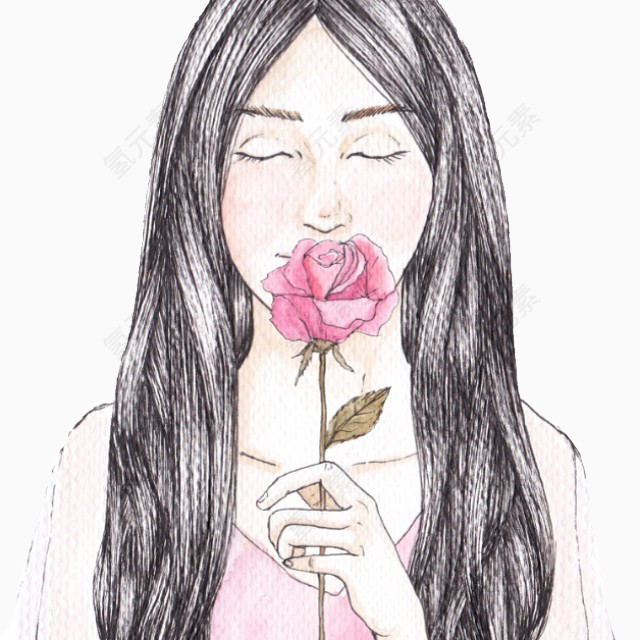 女孩与红玫瑰插画素材