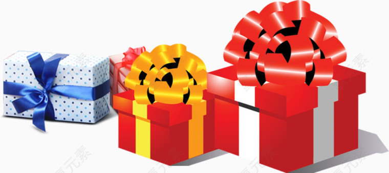 三个礼物盒红色蓝色圣诞蝴蝶结图案