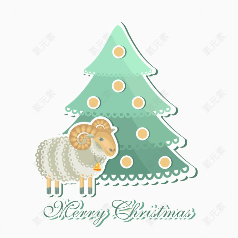 复古绵羊与圣诞树卡片矢量素材