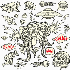 手绘创意抽象鱿鱼收音机太空等T恤图案元素