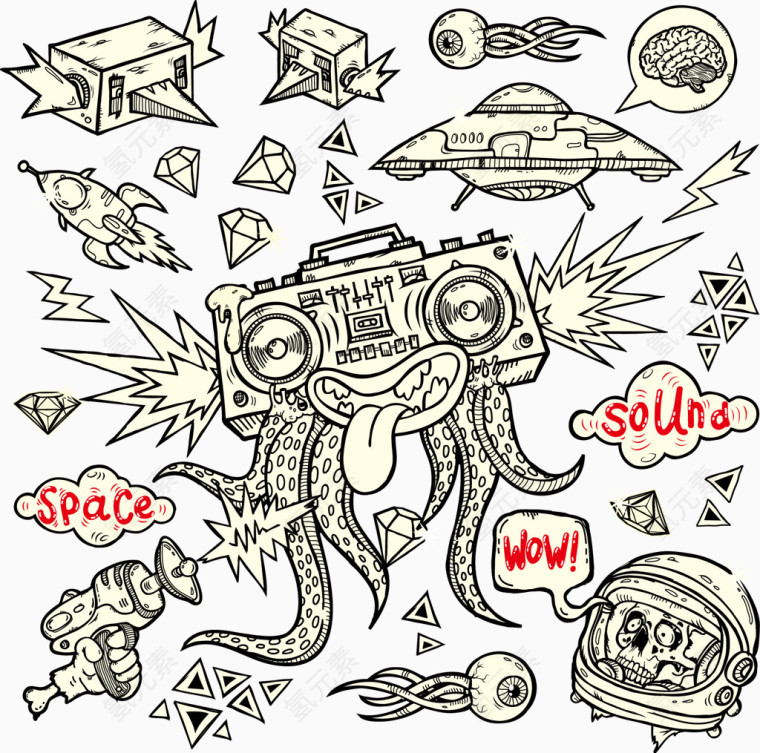 手绘创意抽象鱿鱼收音机太空等T恤图案元素