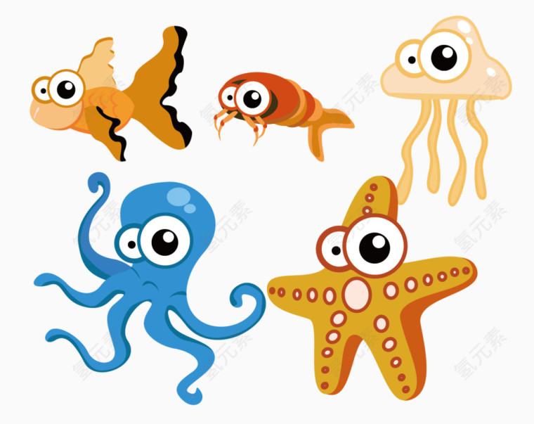 卡通矢量章鱼海星和金鱼