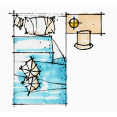 彩平图户型图手绘蓝色床