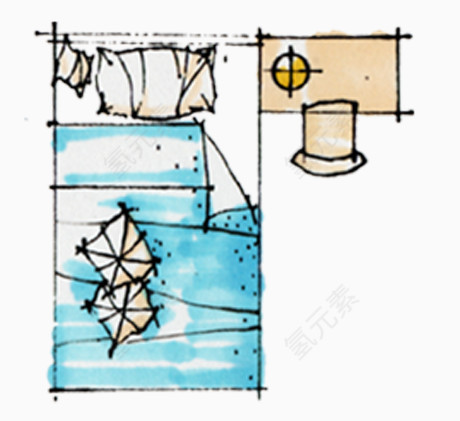 彩平图户型图手绘蓝色床