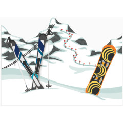 矢量手绘雪山和滑雪板