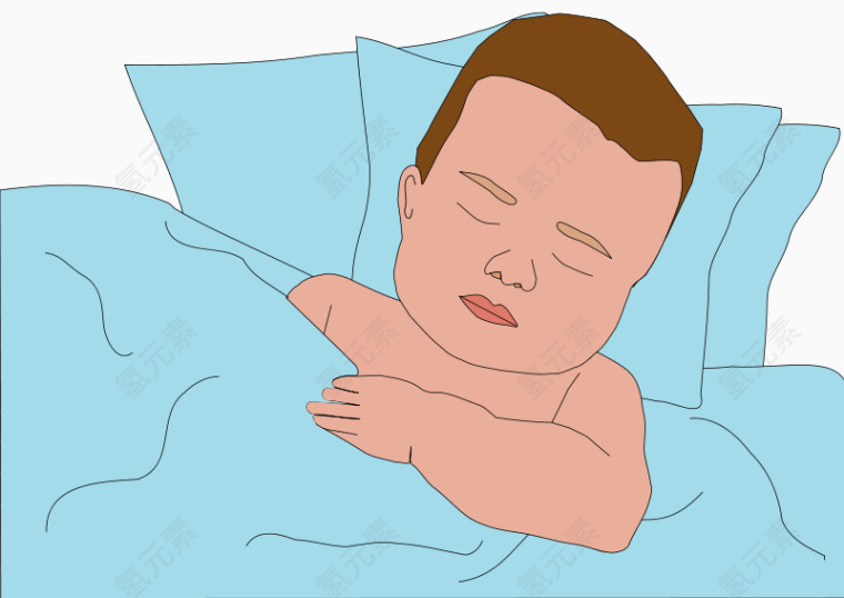 蓝色被子睡觉的卡通小男孩
