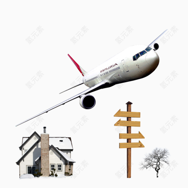 飞机房子路牌小树