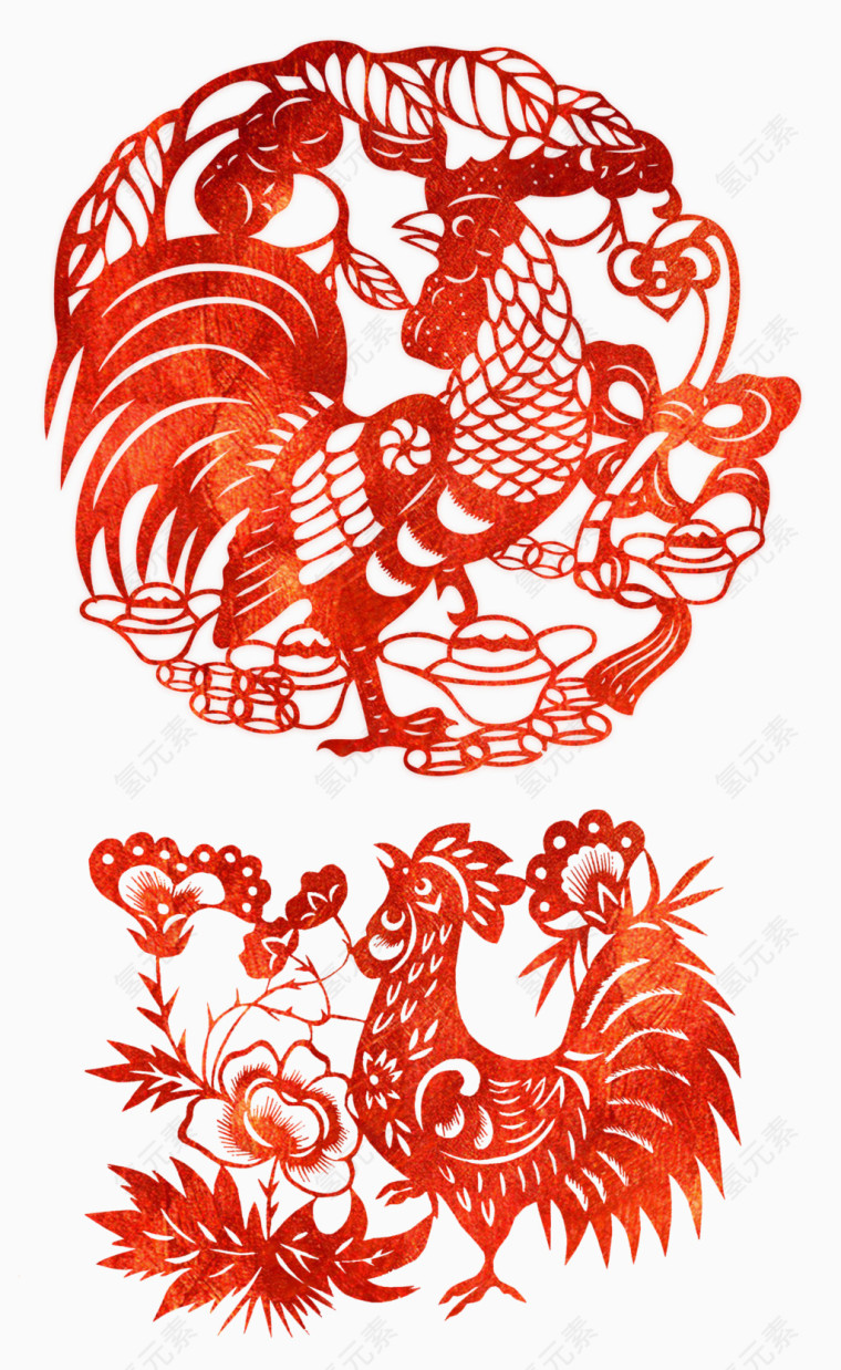 红色中国风剪纸公鸡装饰图案