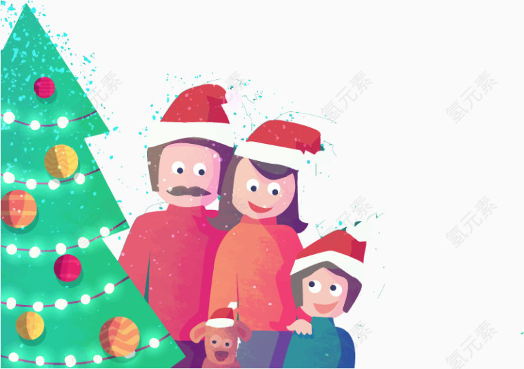 矢量手绘圣诞树一家人过圣诞