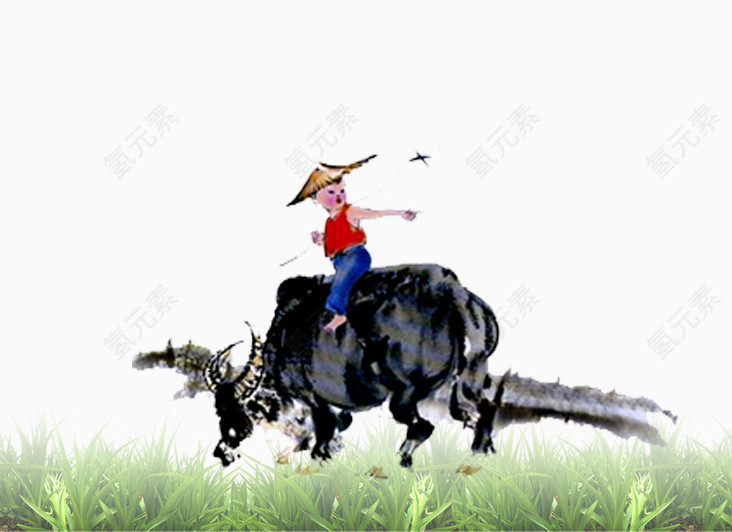 骑着牛的牧童水墨画元素
