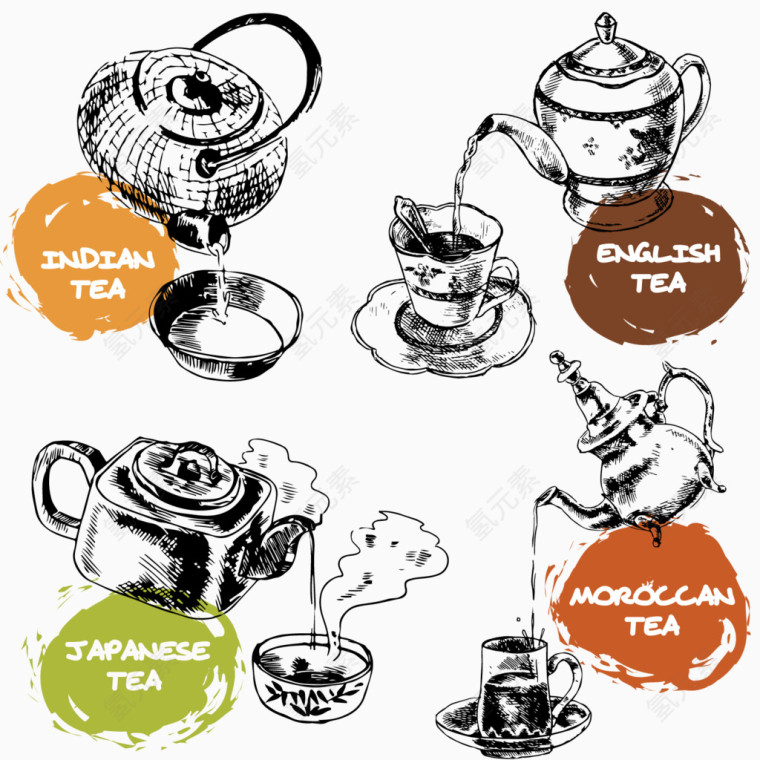 下午茶手绘茶壶设计矢量素材