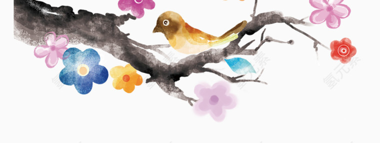 彩绘树枝上的小鸟
