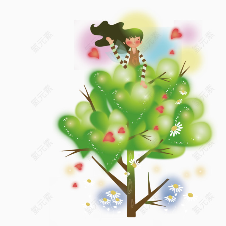 在绿色爱心树上的女孩