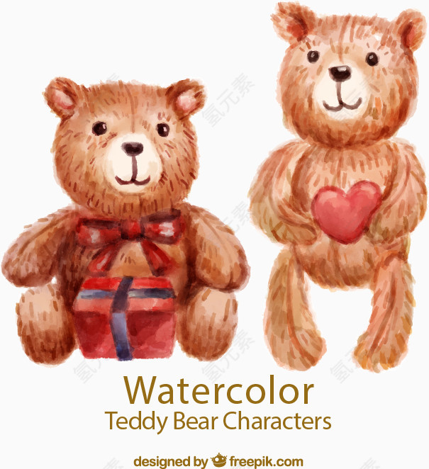 2只水彩泰迪熊矢量素材