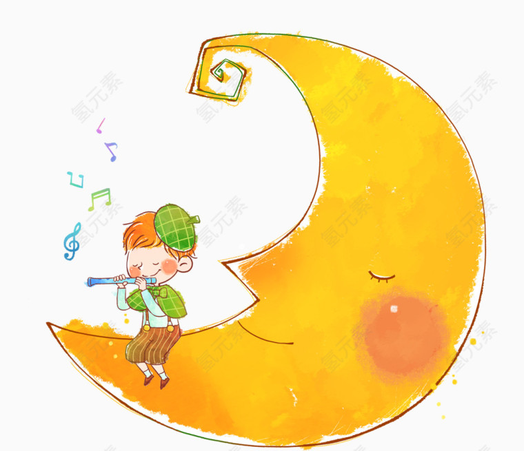 唯美精美卡通可爱小男孩在月亮上吹笛子