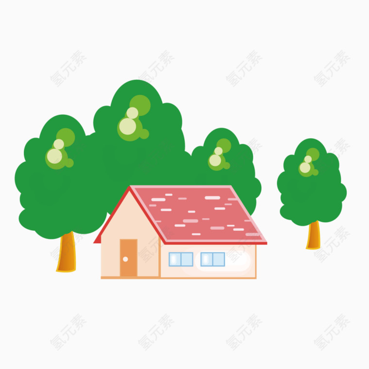 矢量卡通红色房子绿色树木