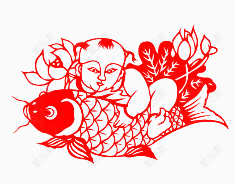 中国风儿童抱鲤鱼剪纸