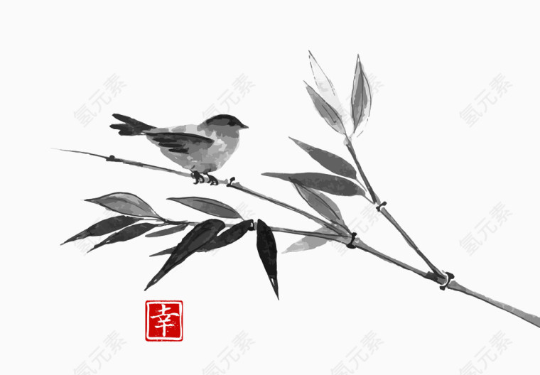 中国风水墨竹枝小鸟
