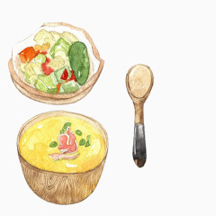 南瓜汤和沙拉手绘画素材图片
