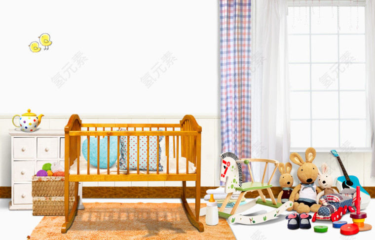 小木床与婴儿玩具