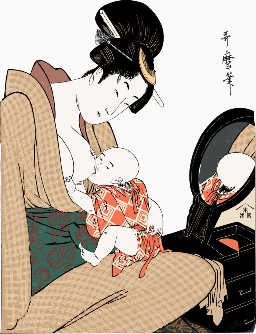 矢量母亲节日本母亲喂奶插画1下载
