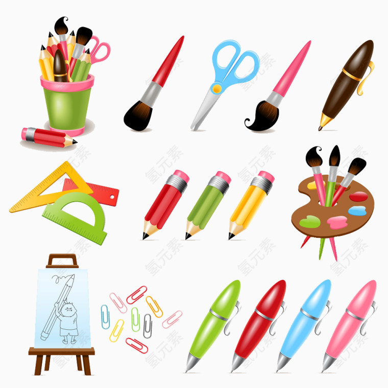 五颜六色的玩具和画笔插画图片