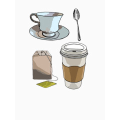手绘茶杯 茶包和咖啡