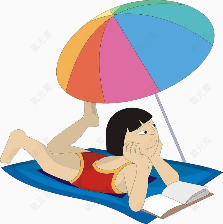 卡通躺在太阳伞下的女孩