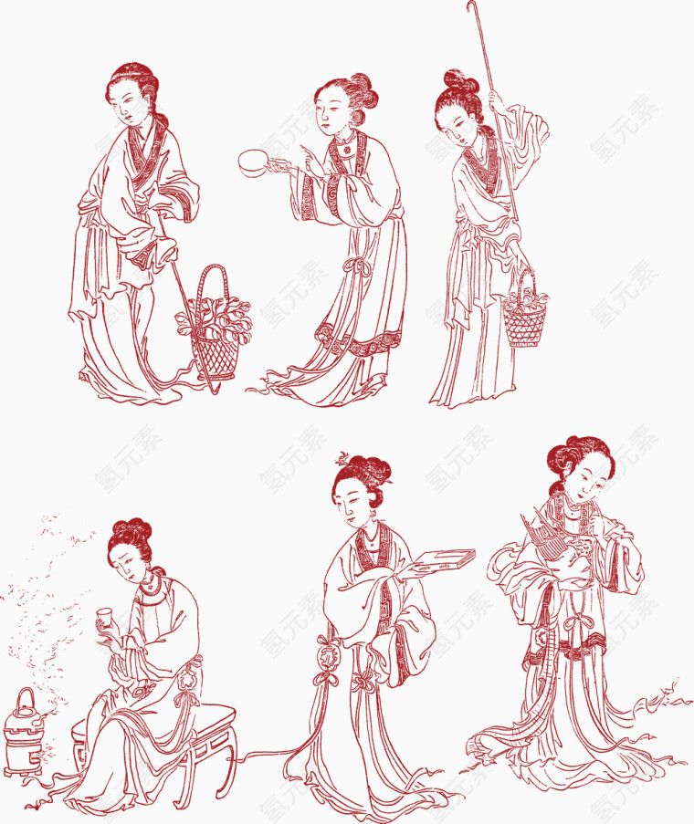 红色线描矢量仕女图