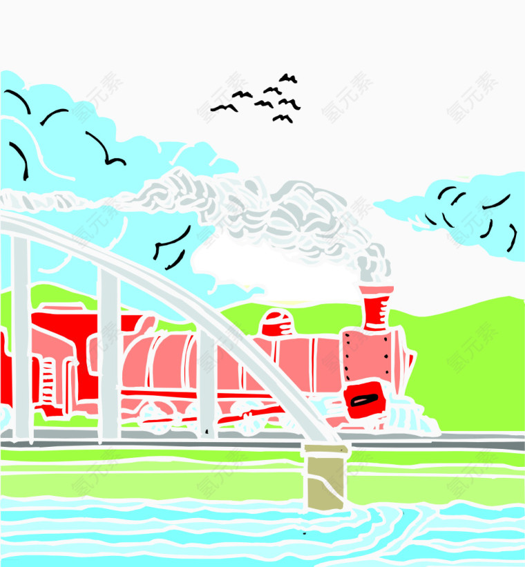 卡通手绘行驶在桥梁上火车