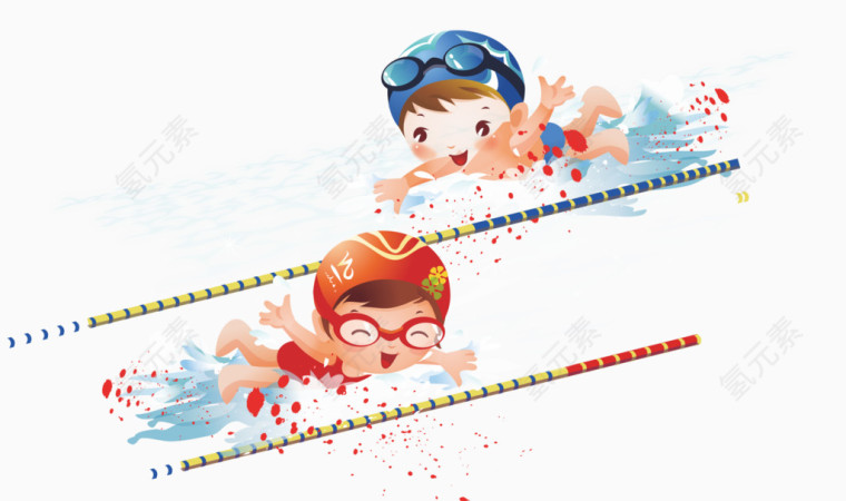 卡通小孩游泳