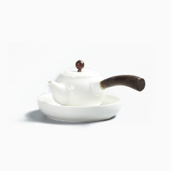 玉白釉高档陶瓷茶壶木柄侧把壶白瓷单壶