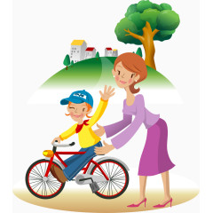 妈妈教小孩骑自行车