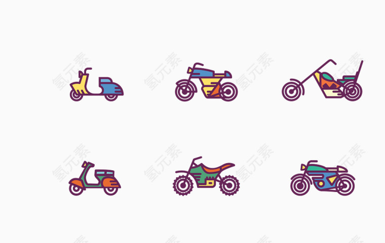 矢量彩色六款简易线条摩托车