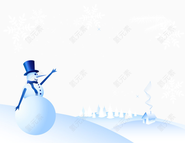雪坡上向房子招手的雪人