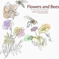 手绘蜜蜂和水彩花卉