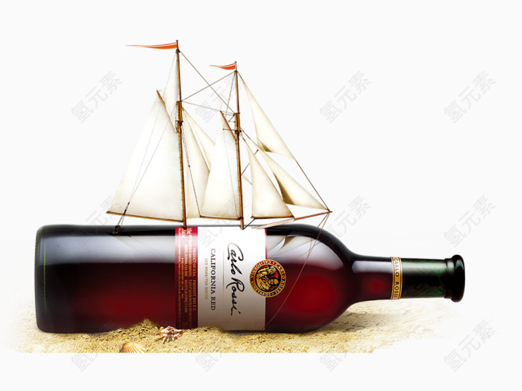 红酒瓶帆船装饰图案设计