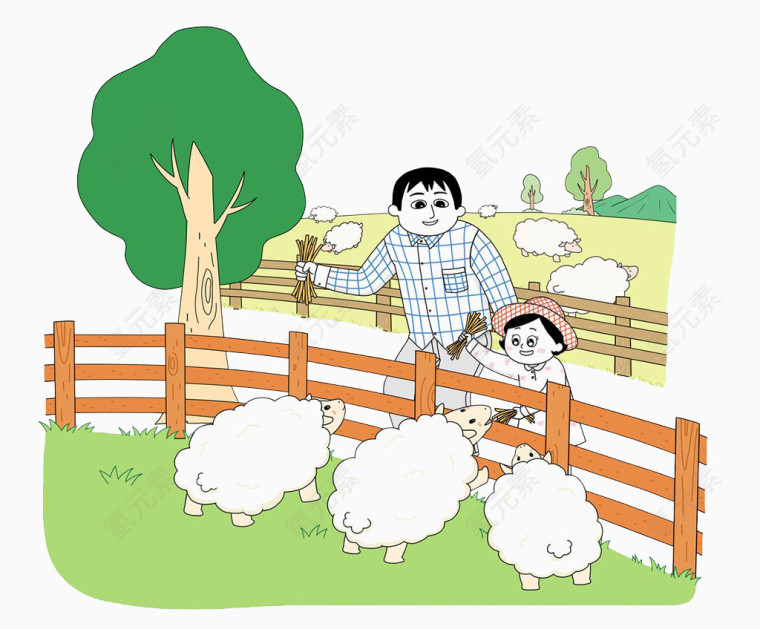爸爸和孩子喂绵羊