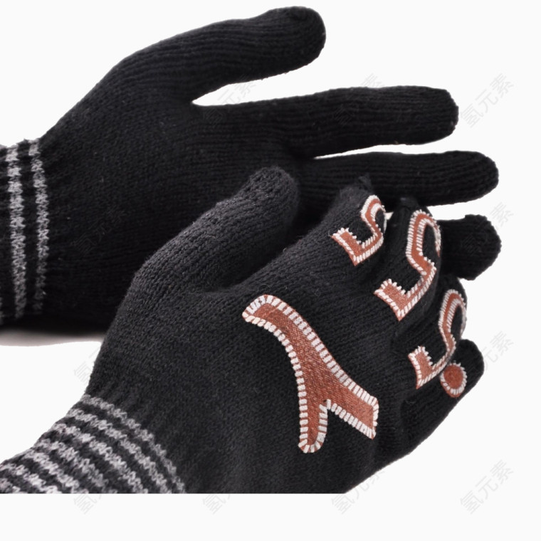 黑色带字母图案保暖线手套