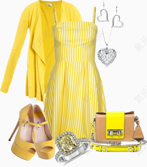 嫩黄色条纹吊带连衣裙