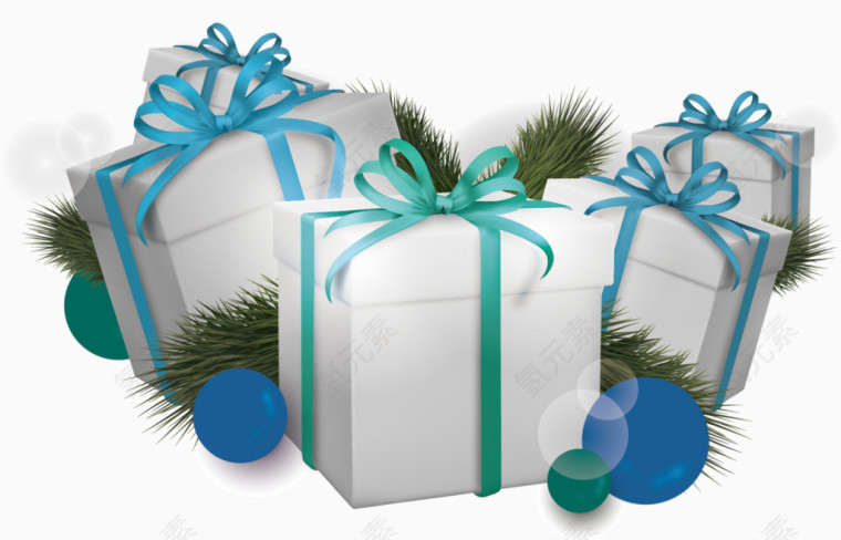 矢量手绘四个蓝色蝴蝶结包装的礼盒和一个绿色蝴蝶结包装的礼盒