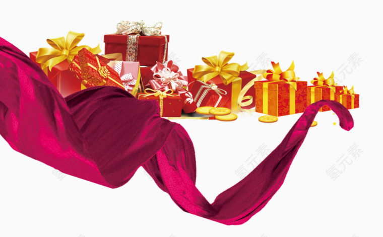 紫红色漂浮丝带礼物盒