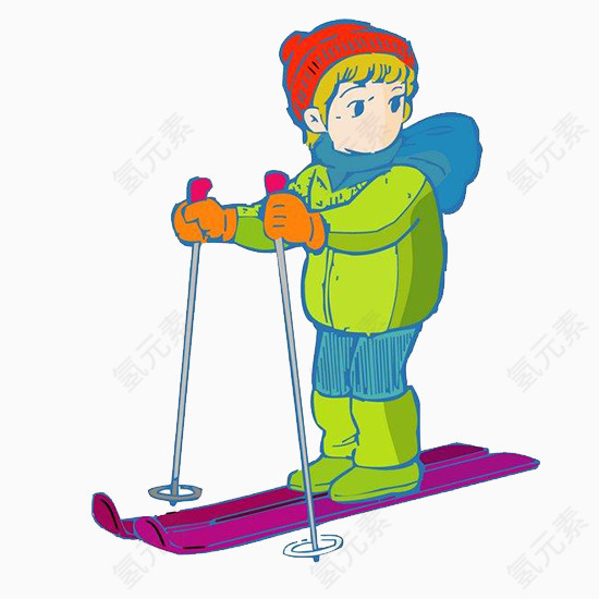 穿着绿色衣服滑雪的小人