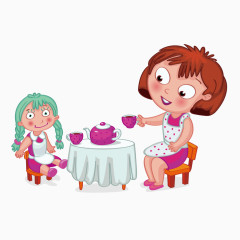 矢量卡通妈妈和小女孩吃饭