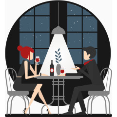 矢量手绘夜幕下一名男人和一名女人在吃饭