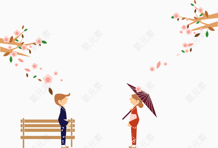 卡通日本男女和服男女樱花矢量图