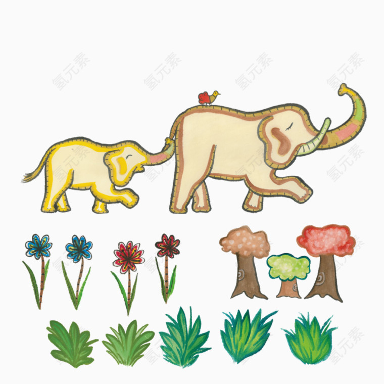 森林中的大象和小象