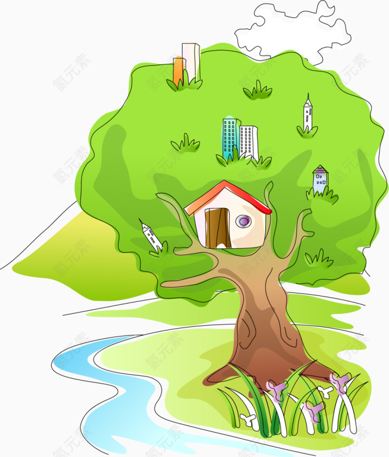 创意房子大树河流PNG矢量元素