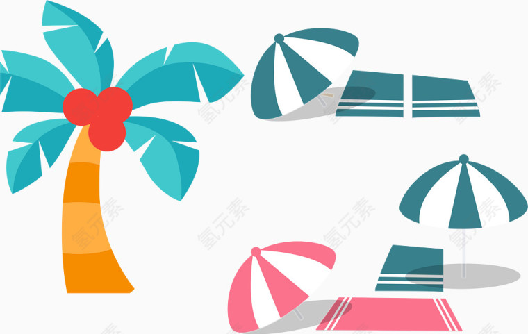 椰子树 遮阳伞 沙滩